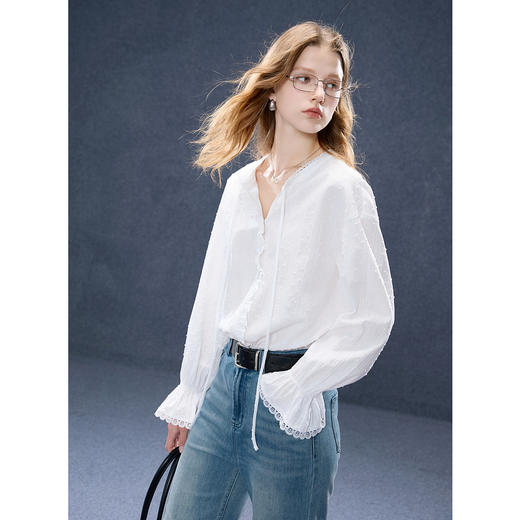 三彩2025秋季新款长袖棉衬衣宽松系带木耳边上衣气质M 商品图2