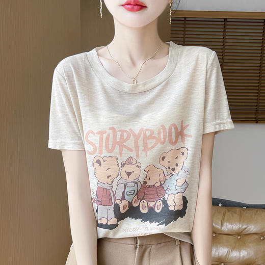 奥伊米夏季新款女100%天丝撞色小熊提花凉感透气圆领T恤ZHZ78 商品图0