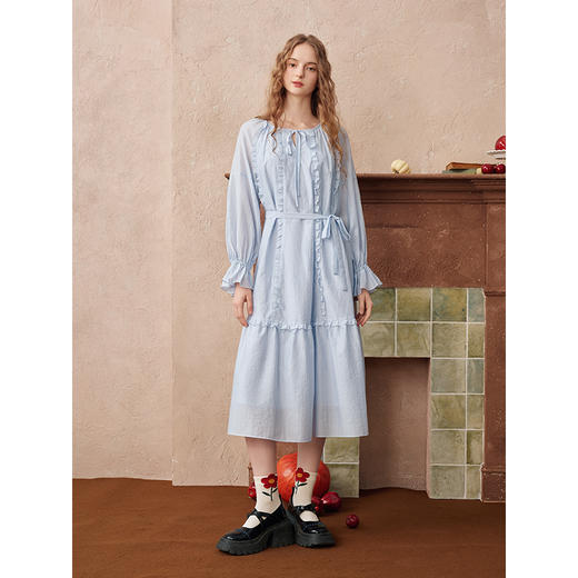 两三事水雾诗语2025秋季新款甜美木耳边拼接绑带泡泡袖连衣裙长裙 商品图3