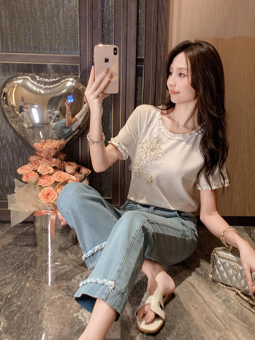 张心子【烟花钻t】通勤圆领花边木耳边设计感T恤上衣 U2507036 商品图3