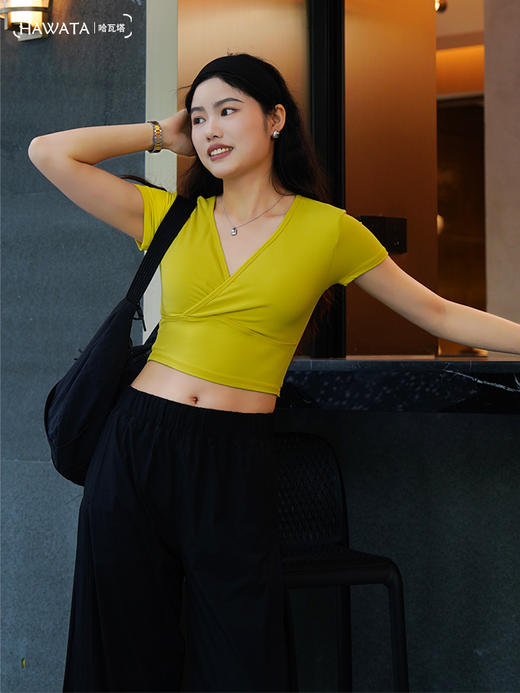 《5送2 10送5》哈瓦塔 瑜伽无尺码夏季裸感高弹运动上衣一码通短袖带胸垫 商品图1