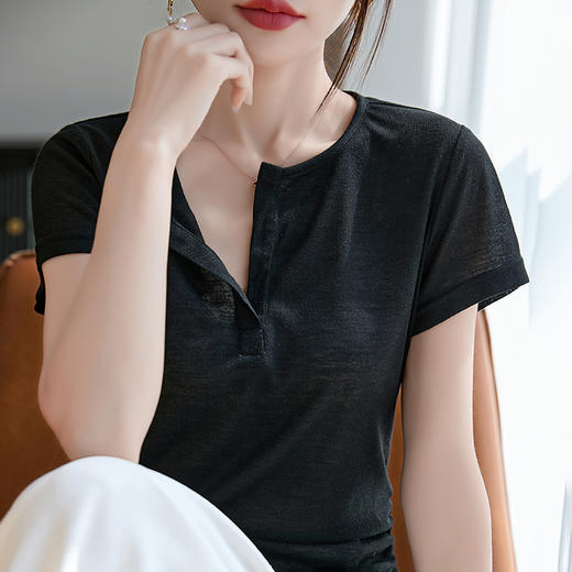 奥伊米夏季新款女100%天丝纯色圆领开口收腰修身显瘦纯色T恤YTMA86 商品图4