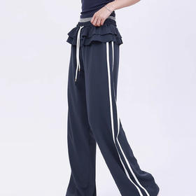 【限时秒】YOGACODE【火树银花系列】松弛百搭运动裤休闲女荷叶边设计芭蕾风时尚款侧边条纹直筒阔腿裤DWL125619