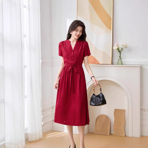 ASE夏季新款真丝高端大气V领连衣裙纯色通勤百搭系带显瘦裙 商品图0