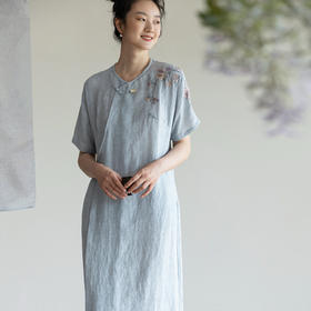 牧衣游原创 手工刺绣汉麻炒色连衣裙轻薄宽松质朴文艺长裙 醉江月