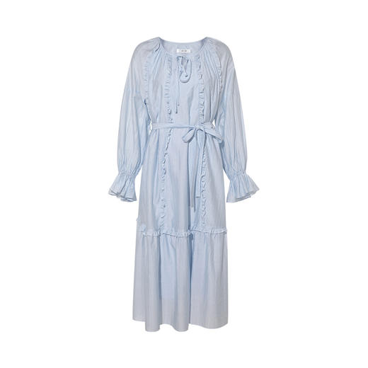 两三事水雾诗语2025秋季新款甜美木耳边拼接绑带泡泡袖连衣裙长裙 商品图4