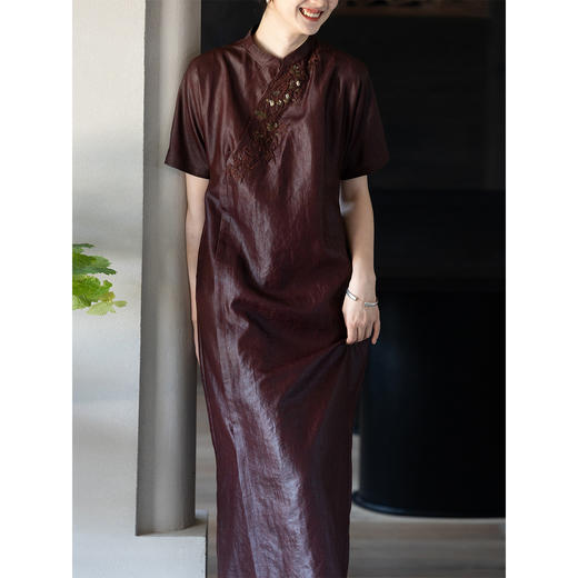 牧衣游原创 25姆米重磅香云纱立体重工手绣连衣裙复古旗袍 竹斋眠 商品图1