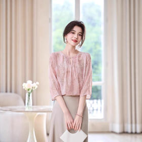 ASE2025夏季新款新中式复古印花衬衫圆领设计感七分袖套头上衣通勤