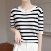 奥伊米夏季女士100%天丝芭蕾舞者刺绣复古条纹圆领T恤XZA96 商品缩略图1