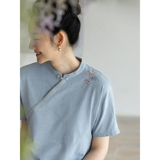 牧衣游棉混纺刺绣T恤圆领复古新中式上衣短袖 如屏画 商品图2