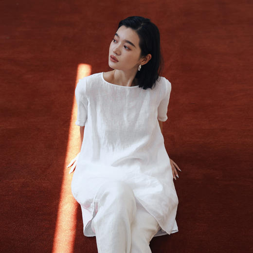 绽放442朵/【黑白灰系列·百变小袍子】色织亚麻叠穿短款连衣裙女 商品图1