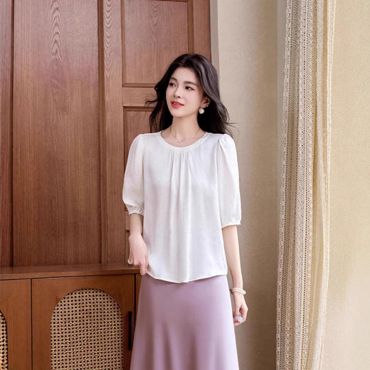 ASE真丝套头衫2025年新款夏季圆领五分袖灯笼袖薄款纯色桑蚕丝上衣女 商品图1