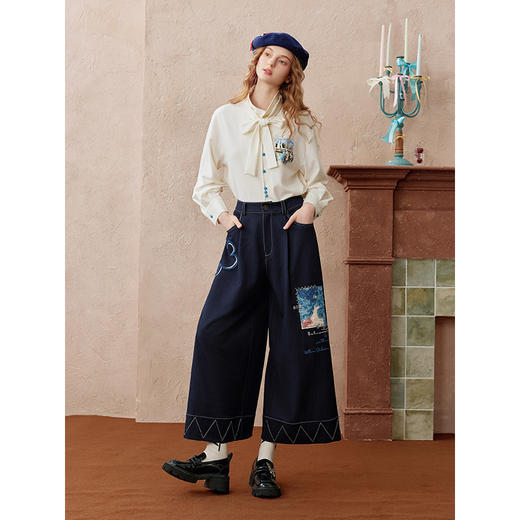 两三事帆语系蓝2025秋季新款文艺风立体花领带印花绑带长袖衬衫女 商品图2