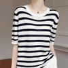 奥伊米夏季女士100%天丝芭蕾舞者刺绣复古条纹圆领T恤XZA96 商品缩略图0