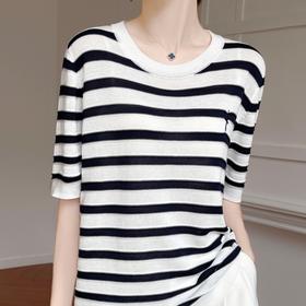 奥伊米夏季女士100%天丝芭蕾舞者刺绣复古条纹圆领T恤XZA96