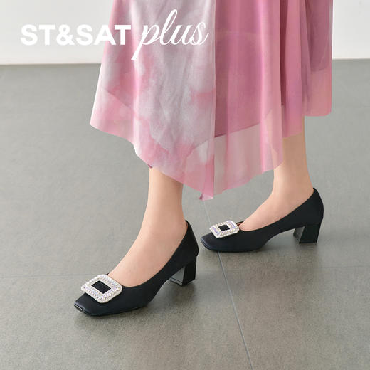 星期六通勤宝藏缎面水钻粗跟单鞋SSD3111078 商品图3