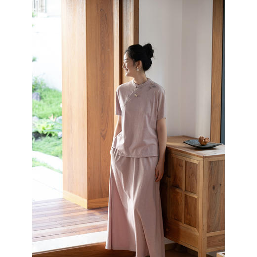 牧衣游棉混纺刺绣T恤圆领复古新中式上衣短袖 如屏画 商品图3