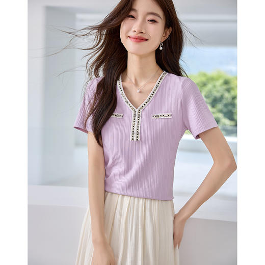 【专属特价】熙世界撞色织带V领小香风T恤2025夏季新款肌理针织短袖体恤上衣 商品图2