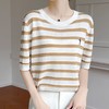 奥伊米夏季女士100%天丝芭蕾舞者刺绣复古条纹圆领T恤XZA96 商品缩略图2