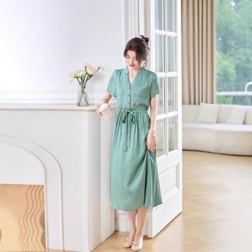 ASE夏季新款真丝高端大气V领连衣裙纯色通勤百搭系带显瘦裙 商品图2