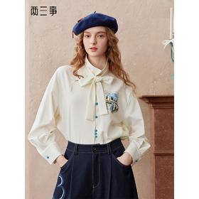 两三事帆语系蓝2025秋季新款文艺风立体花领带印花绑带长袖衬衫女