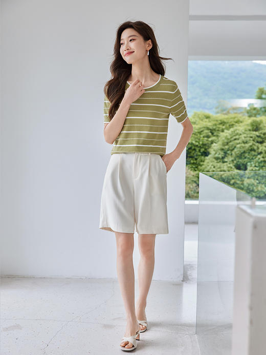 【专属特价】熙世界天丝棉条纹短袖针织衫女薄款2025春夏新款百搭休闲圆领T恤衫上衣 商品图4