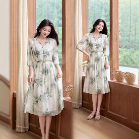 ASE真丝短袖连衣裙女夏季2025新款轻奢桑蚕丝v领法式水墨印花气质裙