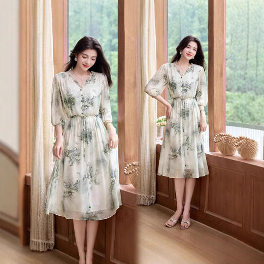 ASE真丝短袖连衣裙女夏季2025新款轻奢桑蚕丝v领法式水墨印花气质裙 商品图0