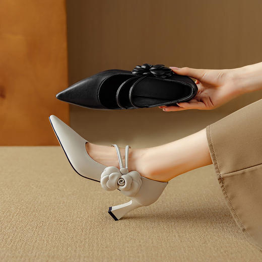 【预售5天】绝美山茶花羊皮单鞋女浅口尖头高跟鞋女优雅百搭舒适皮鞋DB&M6511 商品图4