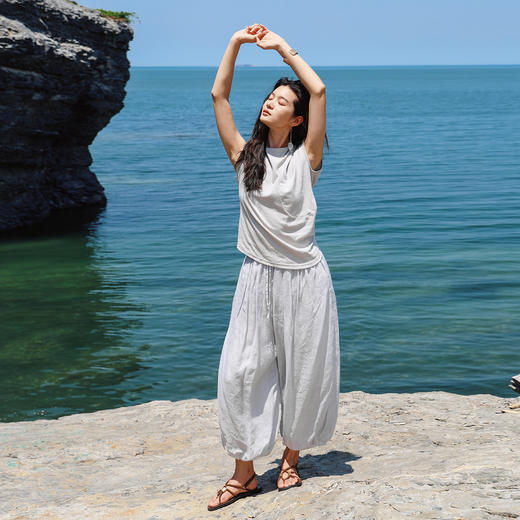 绽放447朵/【黑白灰系列·大步流星裤】高支苎麻双层灯笼裤休闲裤 商品图3