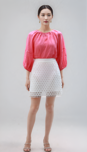 设计感碎褶圆领灯笼袖衬衣