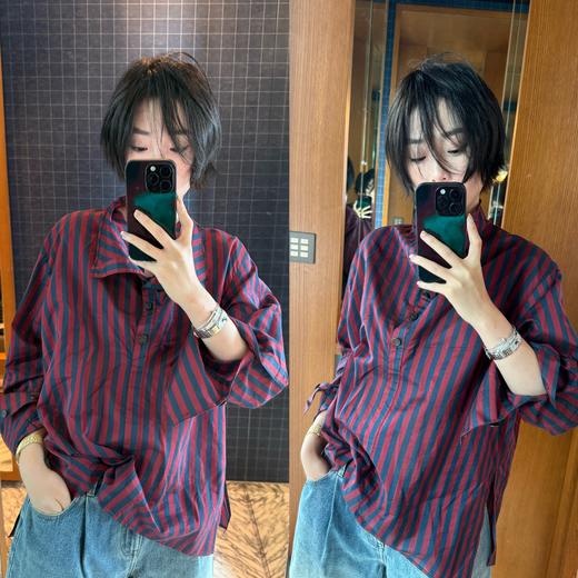 HIDEMI 酒红拼深藏蓝色织条纹极简立领设计感廓形纽扣多穿衬衫上衣 商品图1