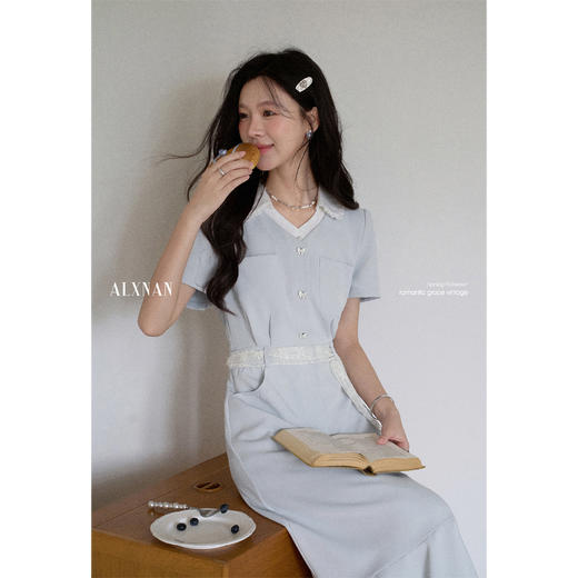 鹿向南「风铃絮语」气质翻领短袖连衣裙女夏季新款法式蓝色长裙子 商品图3