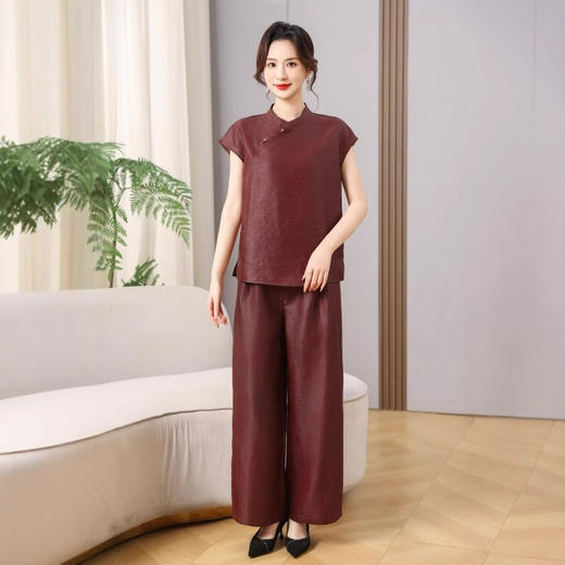 丁摩真丝红云纱龟裂纹短袖新款新中式高级时尚100%桑蚕丝T恤AL5111 商品图2