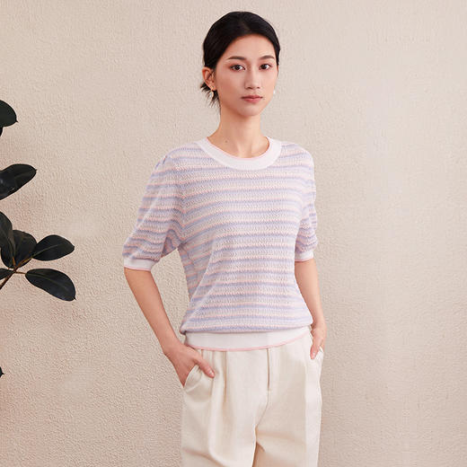 「自」全新升级【铂金会员293/天猫399/差价106】(03024)洛诗琳撞色条纹圆领针织T恤2025夏季薄款设计感镂空上衣女 商品图0