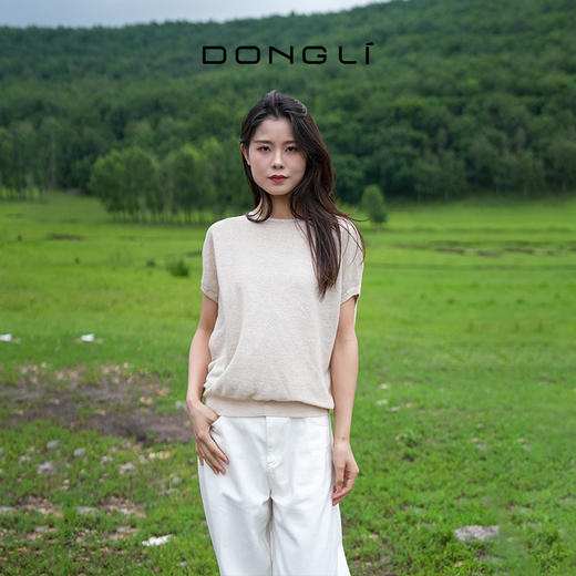 东黎 • 温柔的海风 山羊绒桑蚕丝亚麻女士圆领连肩短袖 5222 商品图3