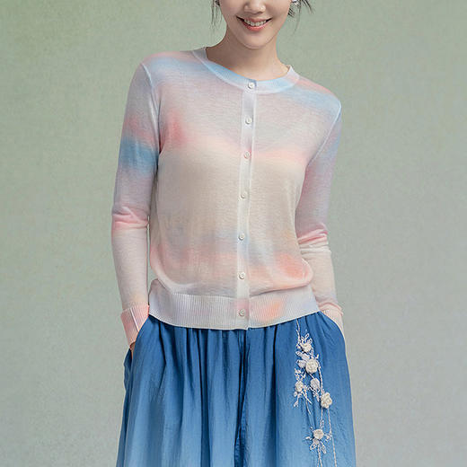 【林栖设计小店】油画衫轻氧薄绵羊毛衣渐变印花透气25早秋新款开衫外套女G1954106 商品图0