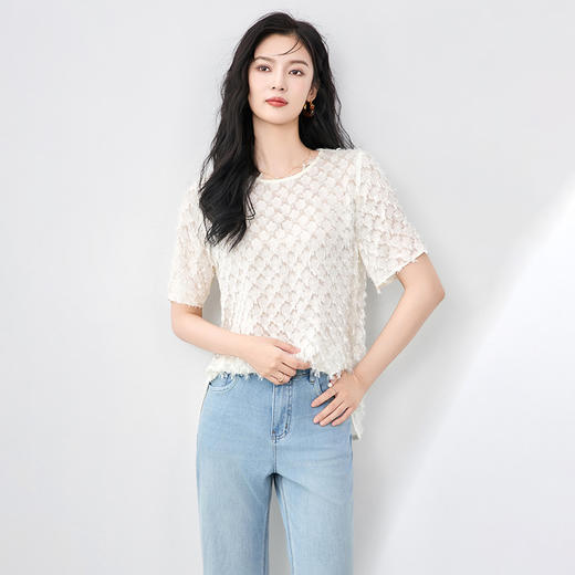 「高货wl」全新升级【铂金会员312/天猫419/差价107】(95904)洛诗琳通勤优雅圆领烧花真丝T恤2025夏季宽松时髦洋气上衣 商品图0