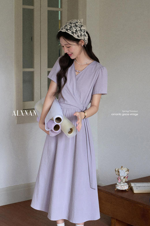 鹿向南「紫雾鸢尾」不规则灰紫色短袖连衣裙女夏显瘦收腰气质长裙 商品图5