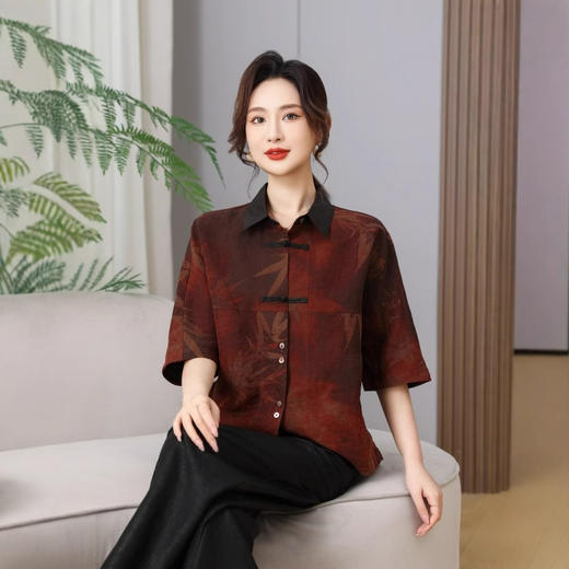 丁摩真丝香云纱春夏100桑蚕丝上衣复古时尚枫叶T恤透气圆领AL2580 商品图3