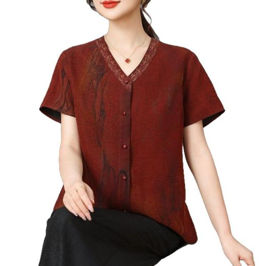 丁摩真丝香云纱红云纱印染短袖圆领开衫上衣新简洁100桑蚕丝AL5103 商品图4