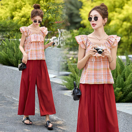 法式撞色格子上衣+七分阔腿裤套装 HR-CPYY8138 商品图1