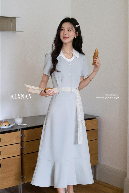 鹿向南「风铃絮语」气质翻领短袖连衣裙女夏季新款法式蓝色长裙子 商品图5