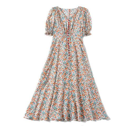 「高货kbnq」全新升级【铂金会员468/天猫629/差价161】(03140)洛诗琳法式V领真丝碎花裙2025夏季收腰开叉优雅印花裙 商品图4