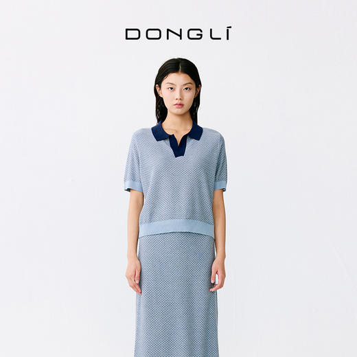 东黎 • 温柔的海风 桑蚕丝山羊绒女士T恤领提花套衫 5265 商品图1