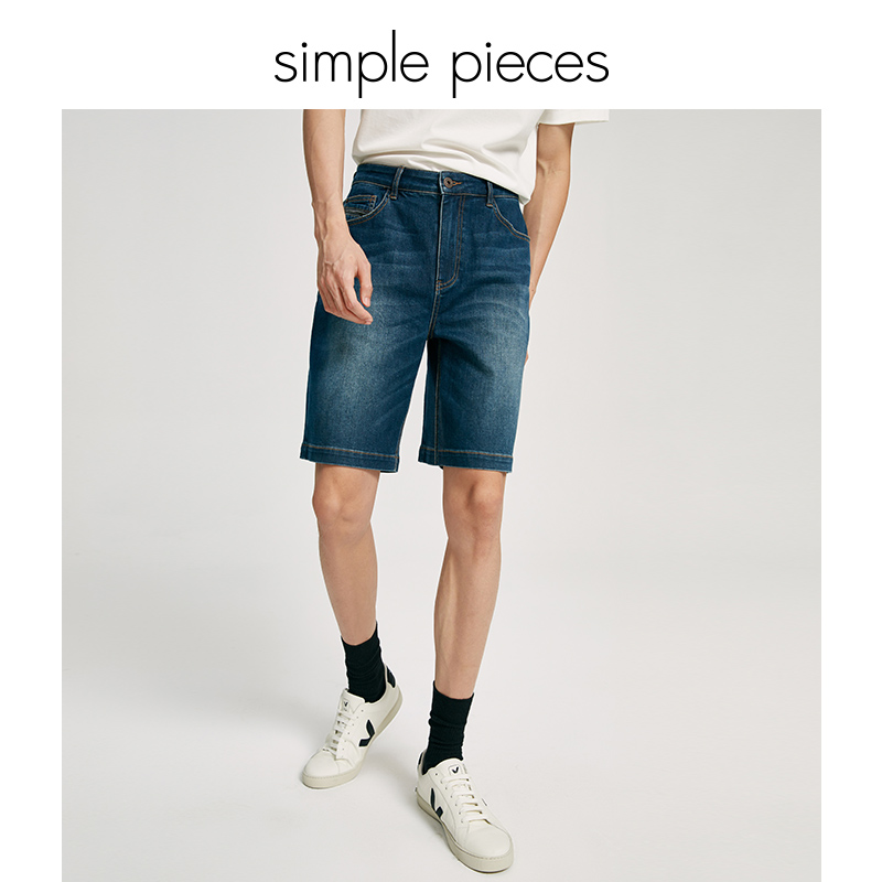 simplepieces夏季新款SPS舒适弹力透气复古直筒牛仔短裤