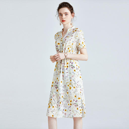 「高货kbnq」全新升级【铂金会员413/天猫559/差价146】(01844)洛诗琳真丝印花连衣裙2025夏季气质收腰开叉碎花A字裙 商品图2