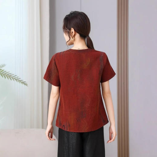 丁摩真丝香云纱红云纱印染短袖圆领开衫上衣新简洁100桑蚕丝AL5103 商品图2