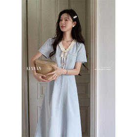 鹿向南「冰蓝诗语」法式气质短袖连衣裙女夏季假两件显瘦蓝色长裙