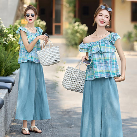 法式撞色格子上衣+七分阔腿裤套装 HR-CPYY8138 商品图0